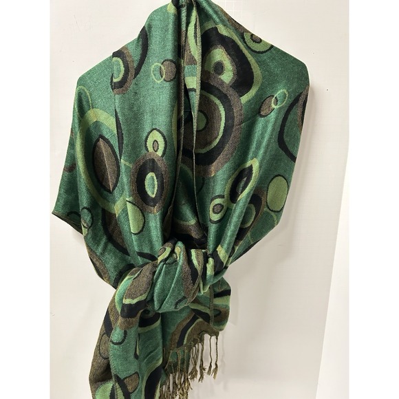 Vintage Pashmina Cashmere Wool, Silk Paisley Fringe Wrap Scarf Stunning Green - Picture 7 of 7